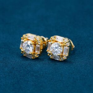 Moissanite Baguette Halo Stud Earrings 14K Gold